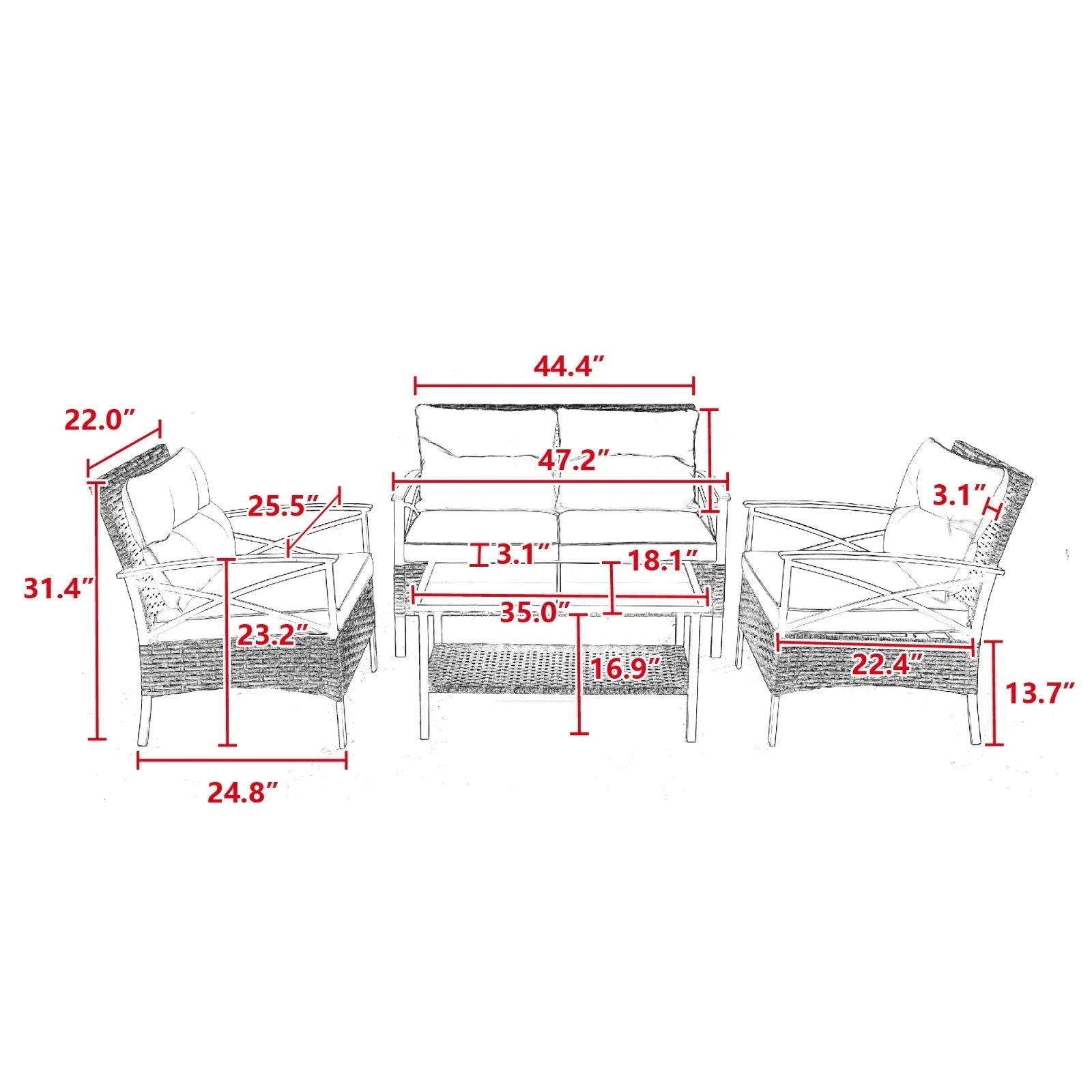 Outdoor wicker patio furniture set with cushions, featuring measured dimensions in inches.