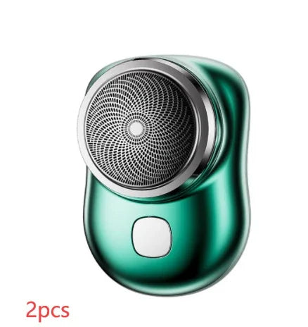 Metallic green compact electric shaver with round foil head and ergonomic design