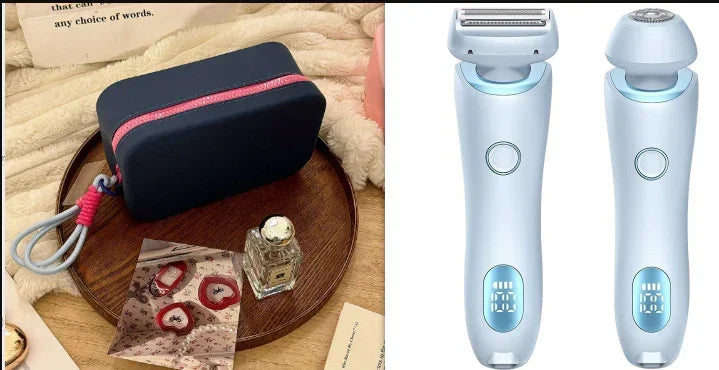 Light blue electric shaver with matching facial cleansing brush, shown with accessories and a navy travel case.
