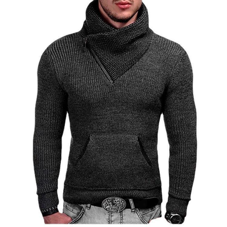 Men's fitted dark gray knit sweater with high funnel neck and front kangaroo pocket
