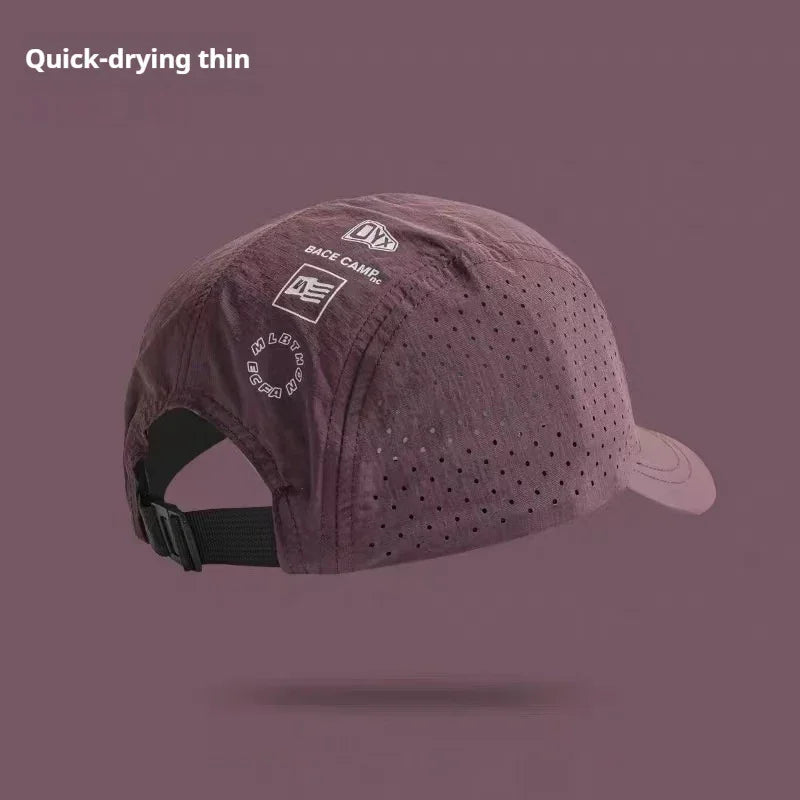 Quick-drying thin purple cap with perforated sides and adjustable strap, lightweight fit