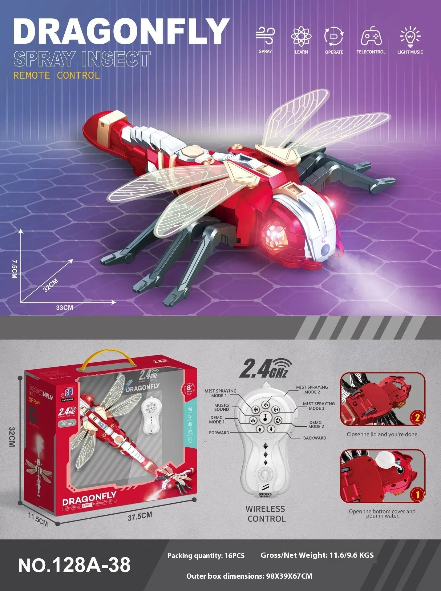 Red and silver remote control dragonfly toy with transparent wings, light effects, and spray mist feature.