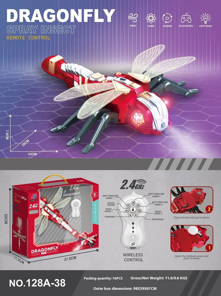 Red and silver remote control dragonfly toy with transparent wings, light effects, and spray mist feature.