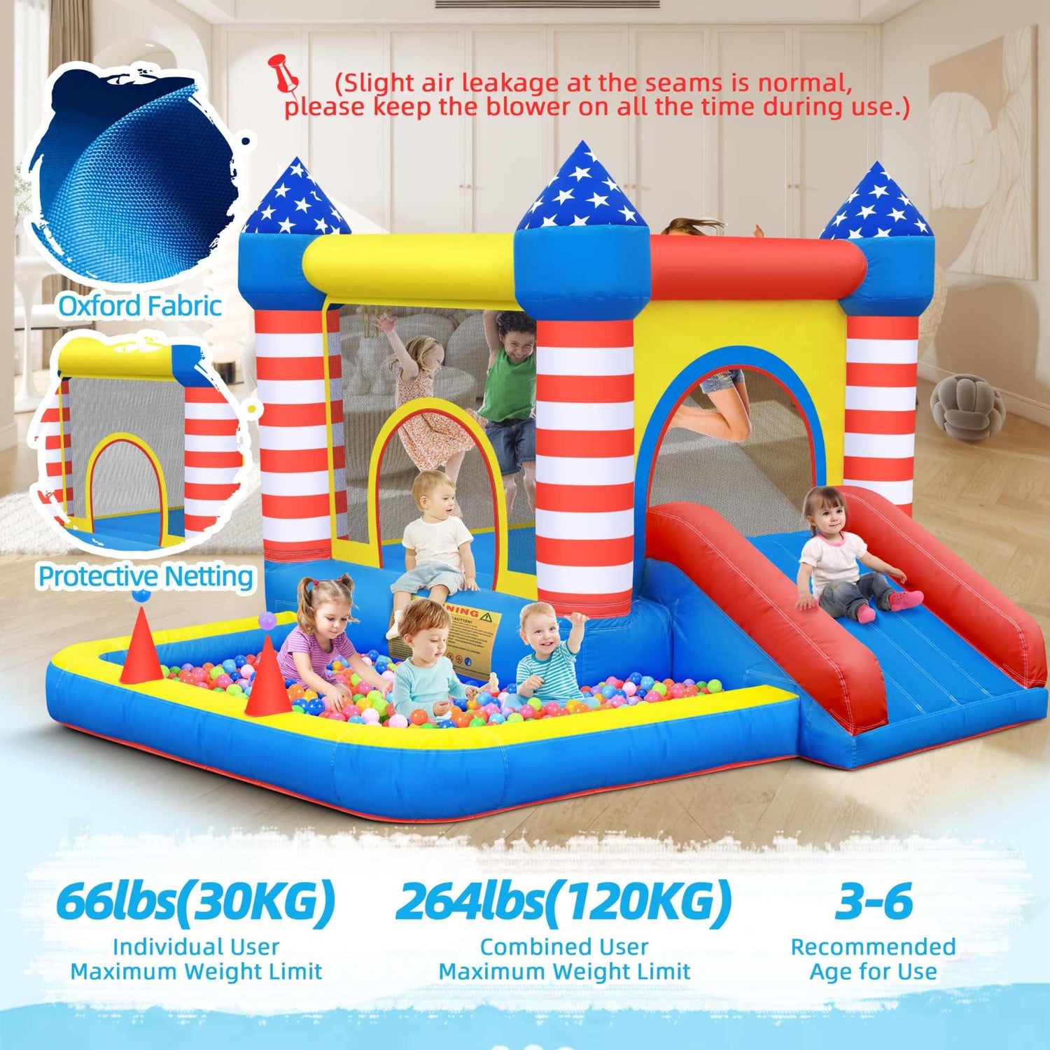 Colorful inflatable bounce house with ball pit, slide, protective netting, Oxford fabric, kids playing