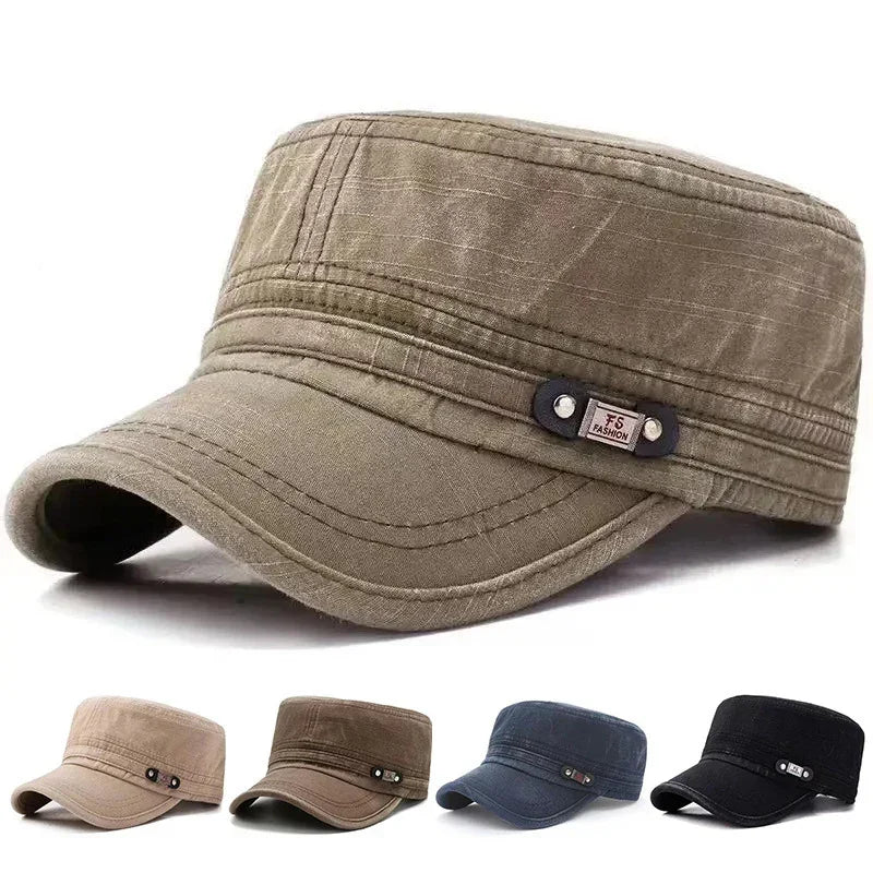 Unisex military-style cotton caps in khaki, brown, navy, and black with adjustable fit