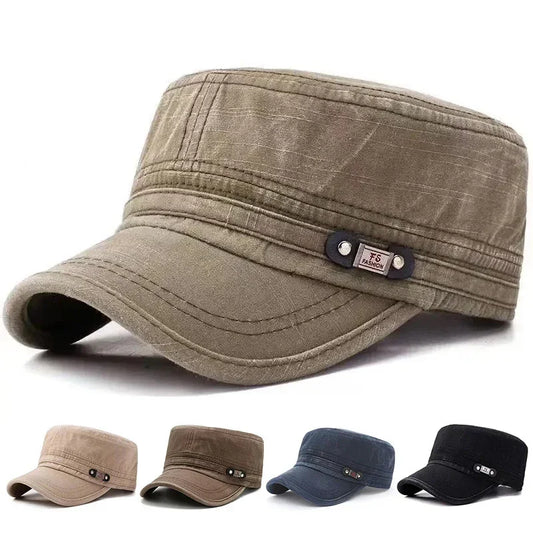 Unisex military-style cotton caps in khaki, brown, navy, and black with adjustable fit