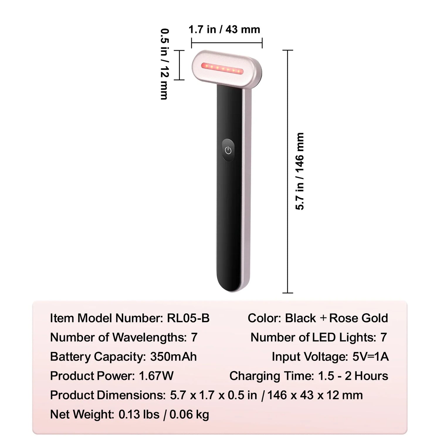 Black and rose gold handheld LED beauty device with power button, compact and slim design