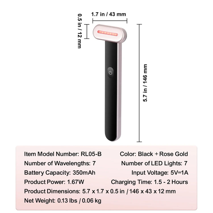 Black and rose gold handheld LED beauty device with power button, compact and slim design