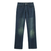 Straight leg dark blue denim jeans with faded wash and classic five-pocket style