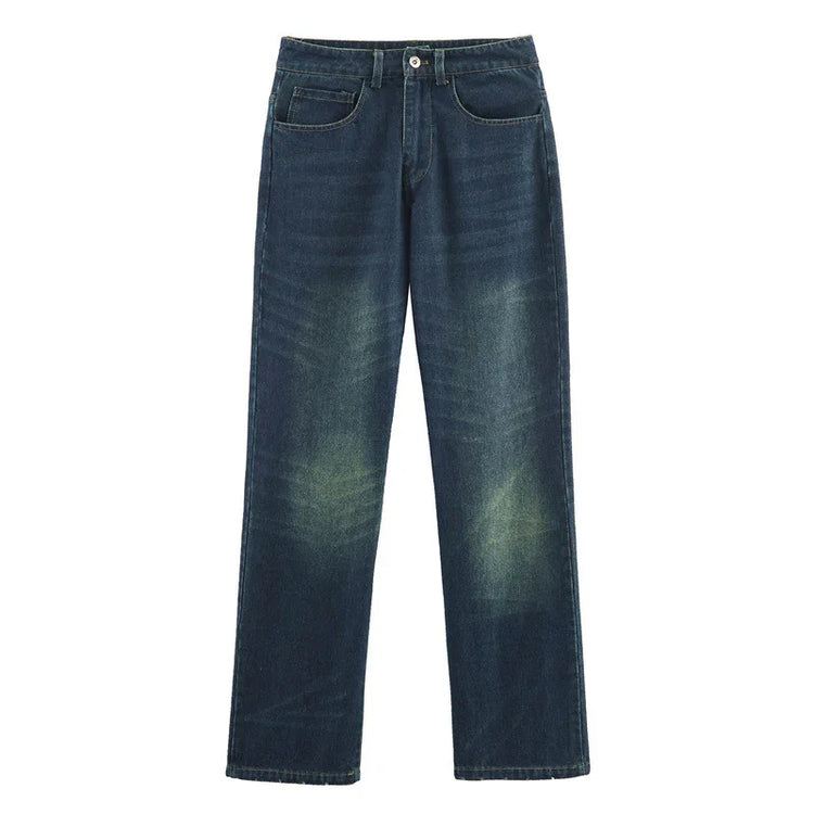 Straight leg dark blue denim jeans with faded wash and classic five-pocket style