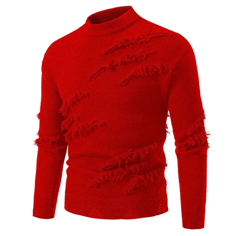 Bright red distressed knit sweater with ripped detailing and slim fit style