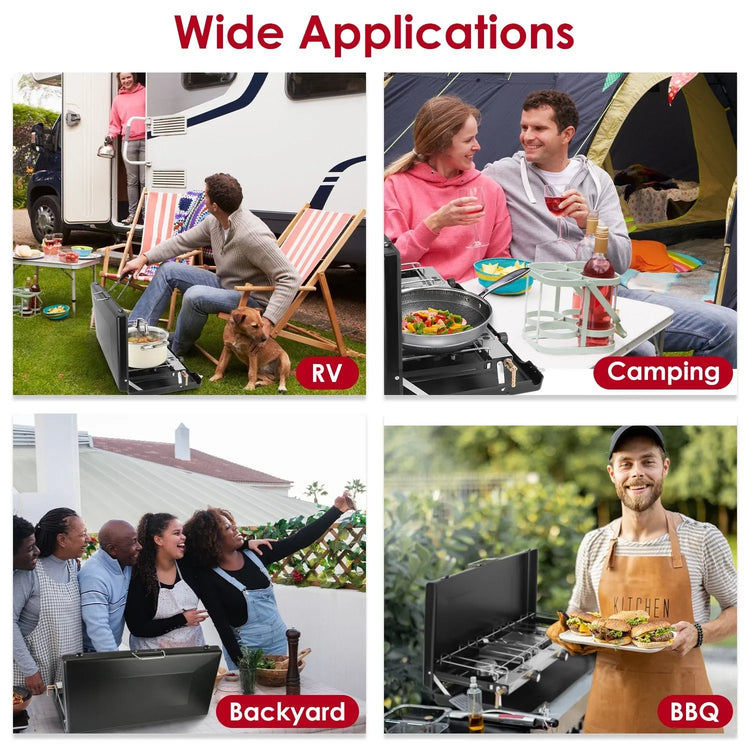 People enjoying outdoor cooking in casual streetwear, hoodies, and aprons at RV, camping, backyard, and BBQ settings.