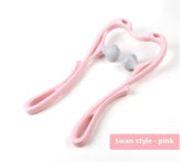 Pink swan-style massage tool with ergonomic handles and grey massage rollers, lightweight plastic.