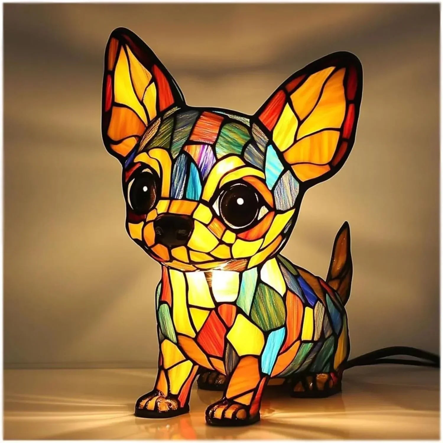 Colorful stained glass dog-shaped figurine lamp with mosaic pattern and warm lighting