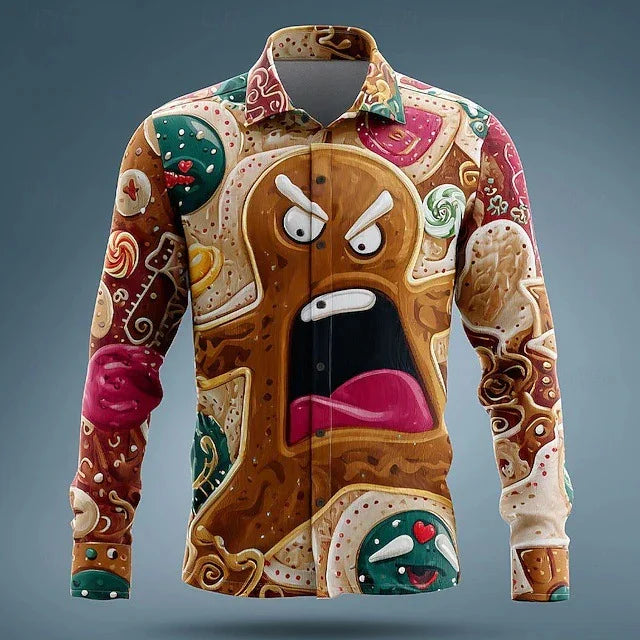 Colorful long-sleeve shirt with bold gingerbread cookie pattern, slim fit, button-up style