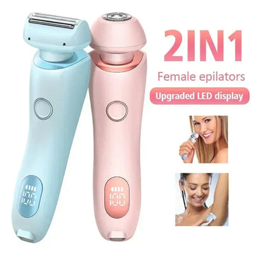 2-in-1 pink and blue female epilators with LED display, ergonomic plastic body, shown in use on facial and underarm hair removal.