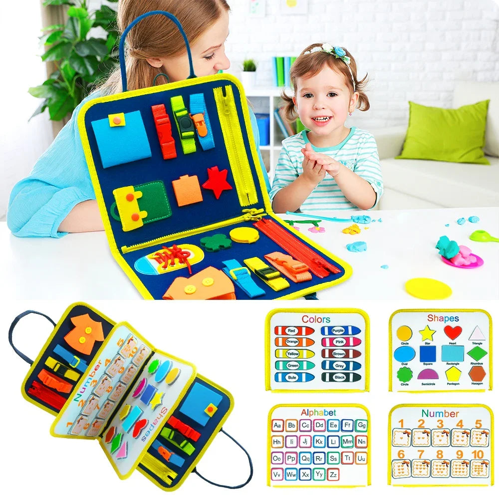 Colorful interactive felt busy book with zippers, buttons, shapes, and learning activities for toddlers.