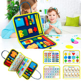 Colorful interactive felt busy book with zippers, buttons, shapes, and learning activities for toddlers.