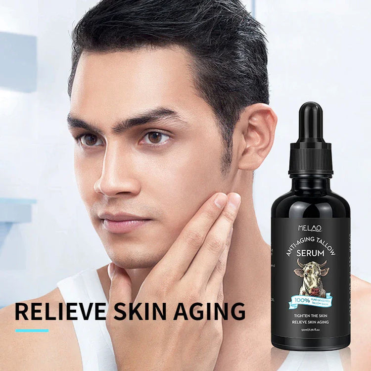 Man applying skincare serum with dropper bottle, promoting smooth, youthful skin.