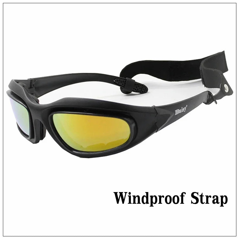 Black sports goggles with yellow-tinted lenses and adjustable windproof strap