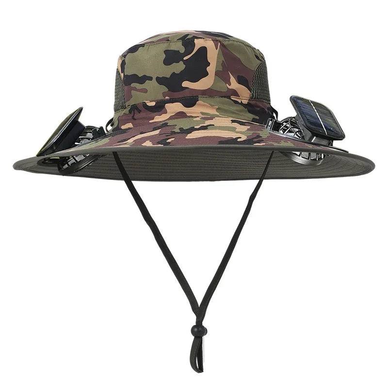 Camo wide-brim bucket hat with mesh panels, chin strap, and attached solar-powered fans