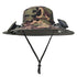 Camo wide-brim bucket hat with mesh panels, chin strap, and attached solar-powered fans