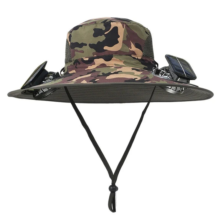 Camo wide-brim bucket hat with mesh panels, chin strap, and attached solar-powered fans