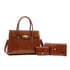 Brown faux leather handbag set with matching wallet and card holder, structured fit