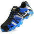 Blue and black athletic sneaker with mesh upper, bold abstract pattern, and chunky sole
