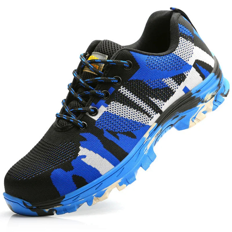 Blue and black athletic sneaker with mesh upper, bold abstract pattern, and chunky sole
