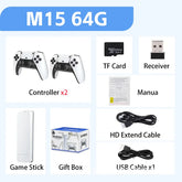 White wireless game controllers, game stick, TF card, receiver, HD cable, USB cable, user manual, and gift box laid out on a light background.