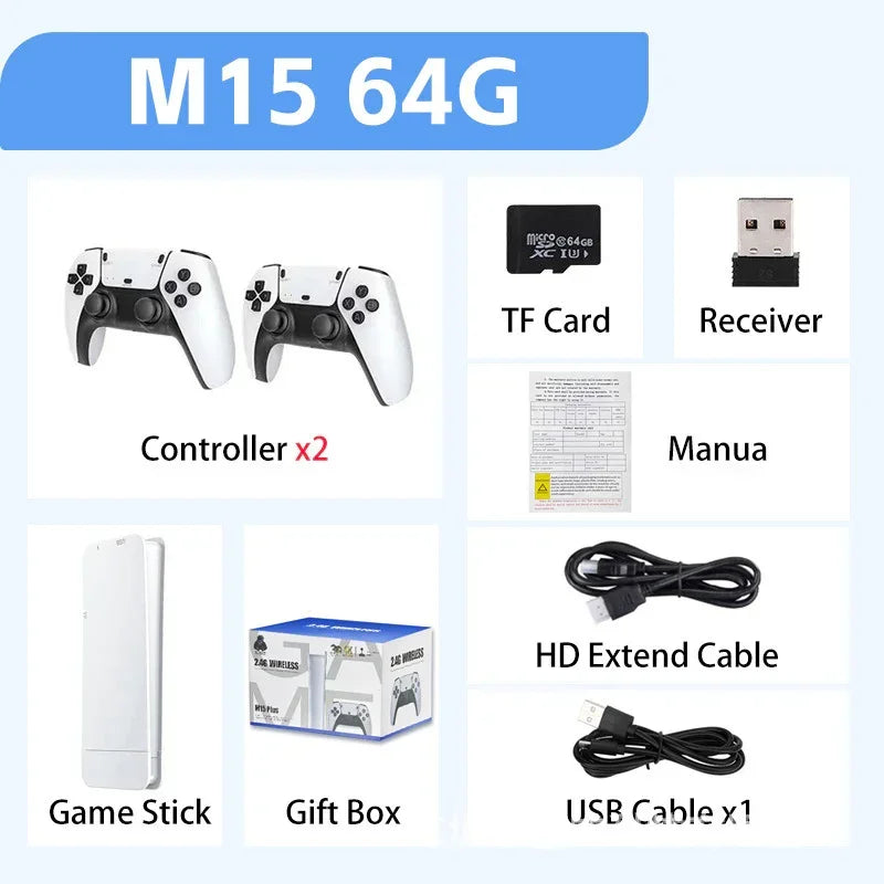 White wireless game controllers, game stick, TF card, receiver, HD cable, USB cable, user manual, and gift box laid out on a light background.
