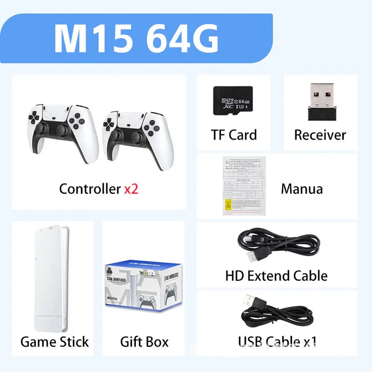 White wireless game controllers, game stick, TF card, receiver, HD cable, USB cable, user manual, and gift box laid out on a light background.