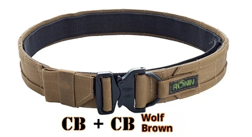Wolf brown tactical belt with black quick-release buckle and reinforced nylon webbing