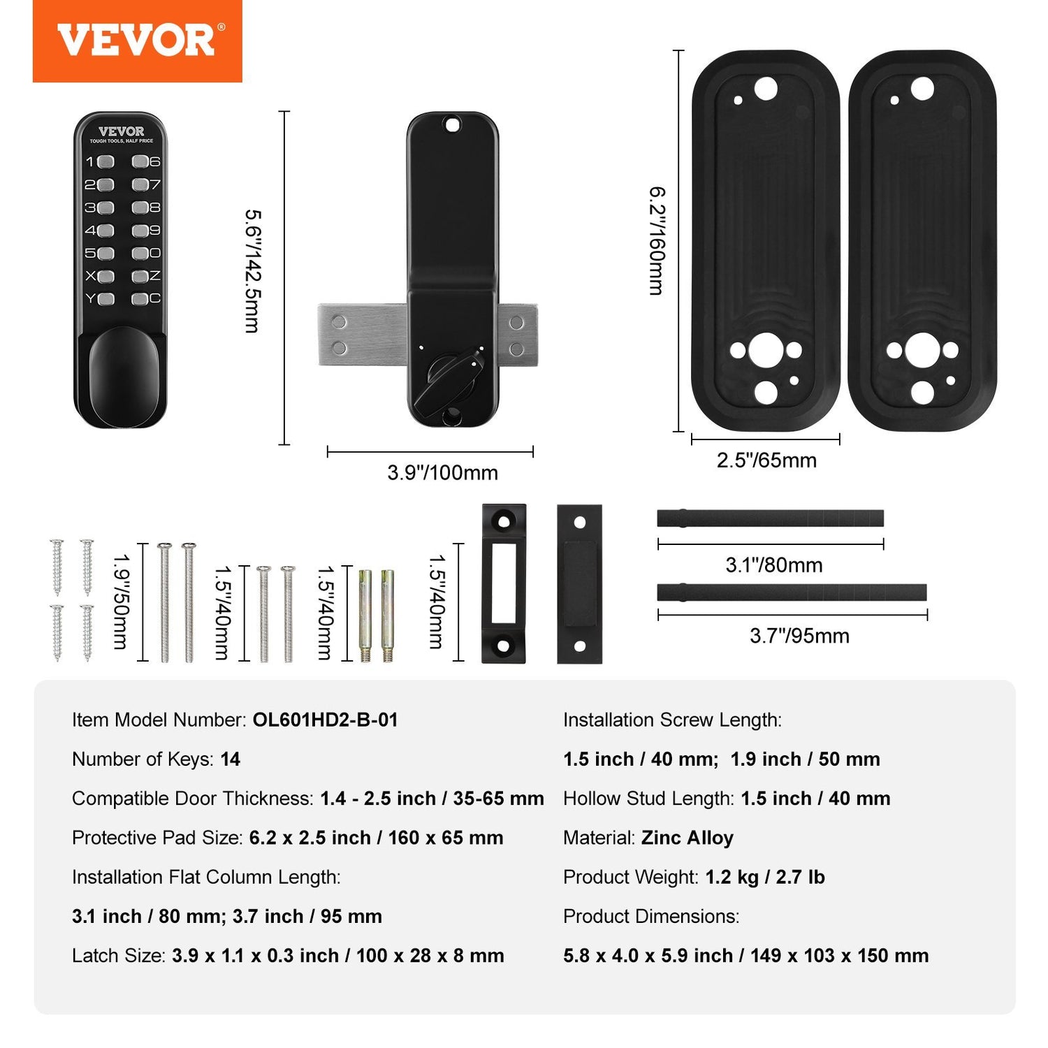 Black mechanical keypad door lock set with zinc alloy material and installation hardware