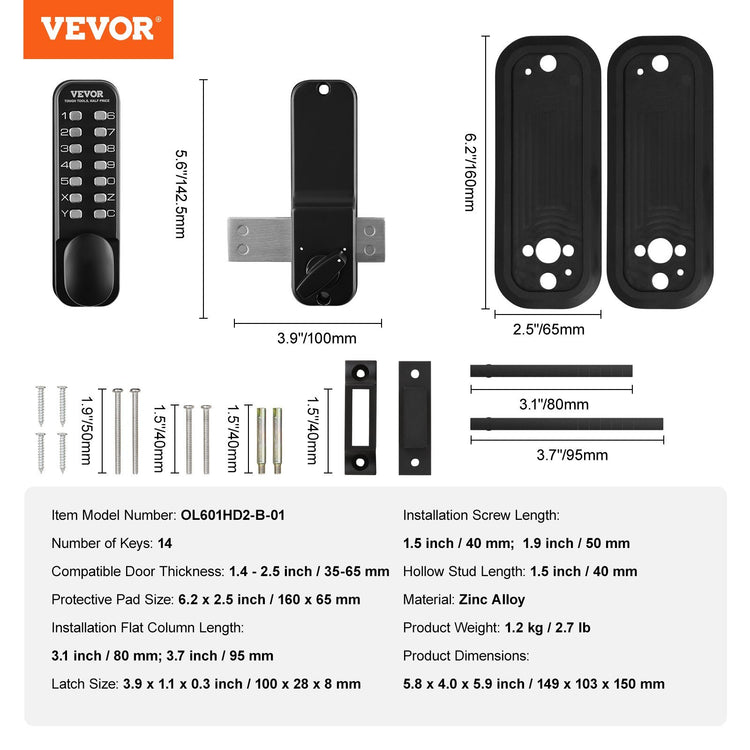 Black mechanical keypad door lock set with zinc alloy material and installation hardware