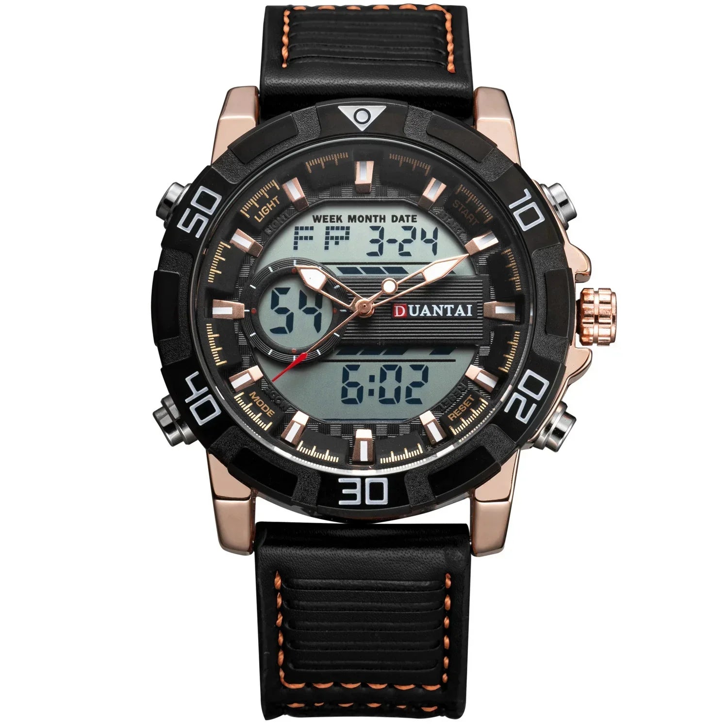 Men's black and gold digital analog watch with leather strap and bold sporty design