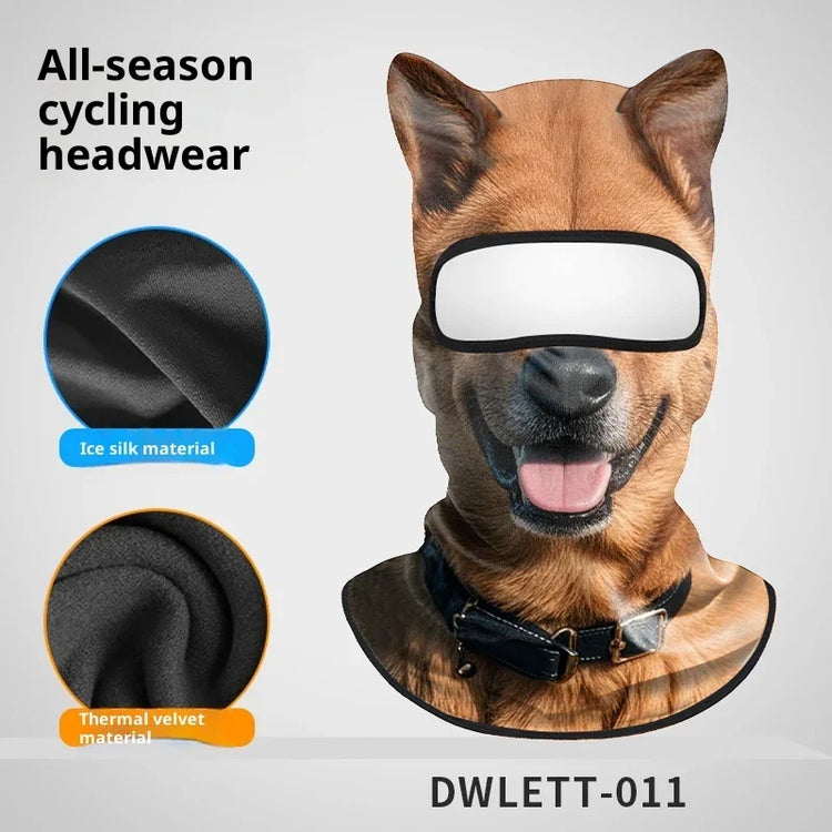 Dog face print balaclava for cycling, brown color, ice silk and thermal velvet materials, full face fit.