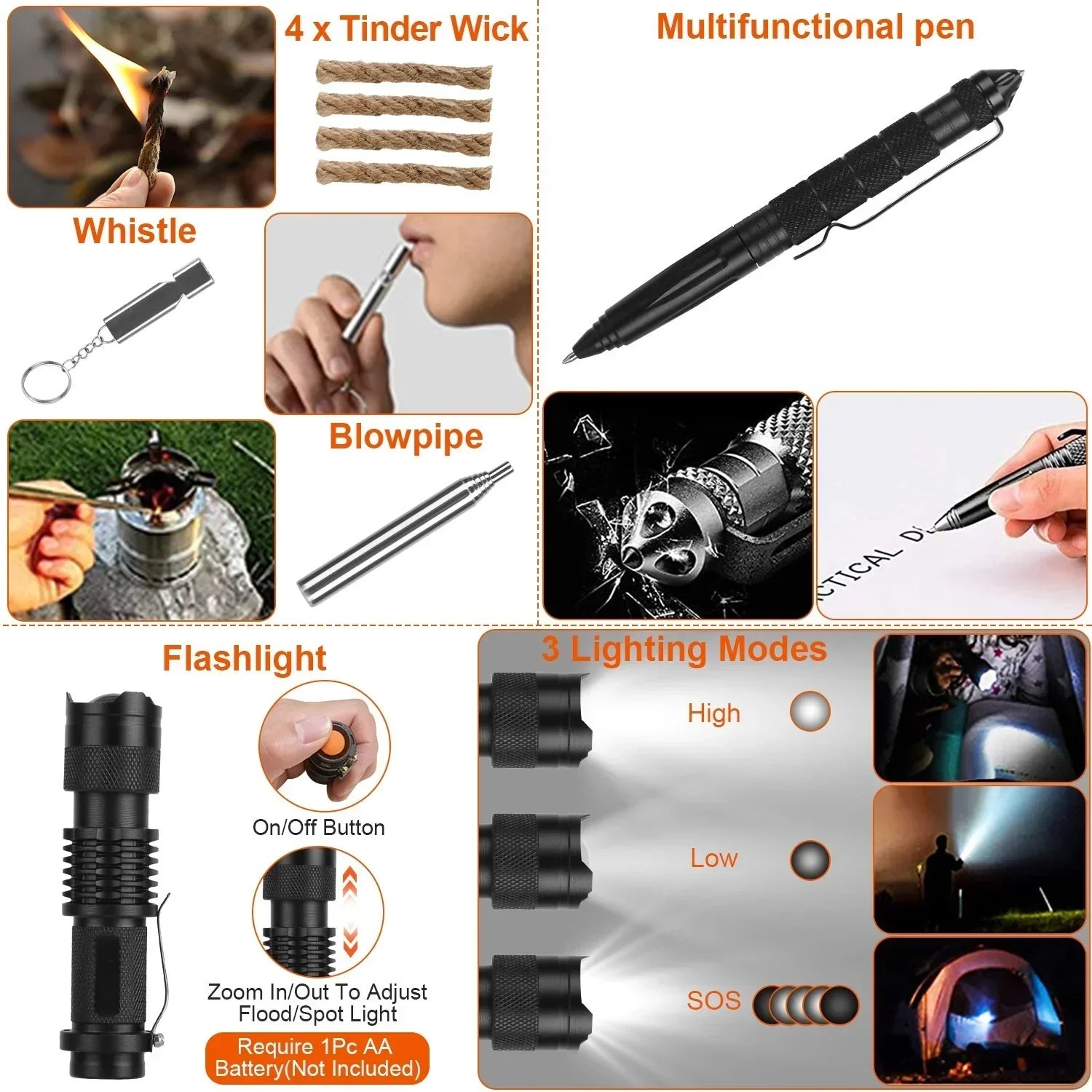 Survival tool kit featuring black tactical pen, metal whistle, flashlight with three modes, tinder wick, and blowpipe for outdoor emergency use.