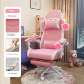 Pink ergonomic gaming chair with PU leather, high-density sponge, adjustable armrests, and footrest in a cozy room.