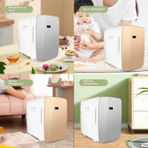 Compact mini fridge in metallic silver and beige color options, sleek modern design, rectangular shape, fits various home settings, suitable for food, beauty, medicine, and milk preservation.