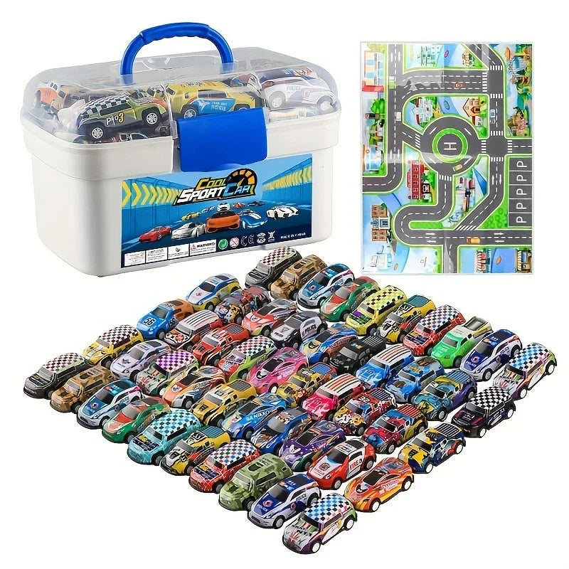 Assorted colorful die-cast toy sports cars with carrying case and play mat, set on white background.