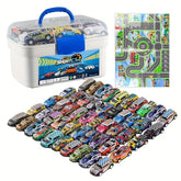 Assorted colorful die-cast toy sports cars with carrying case and play mat, set on white background.