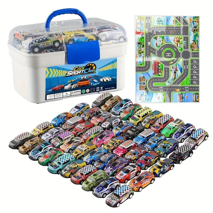 Assorted colorful die-cast toy sports cars with carrying case and play mat, set on white background.