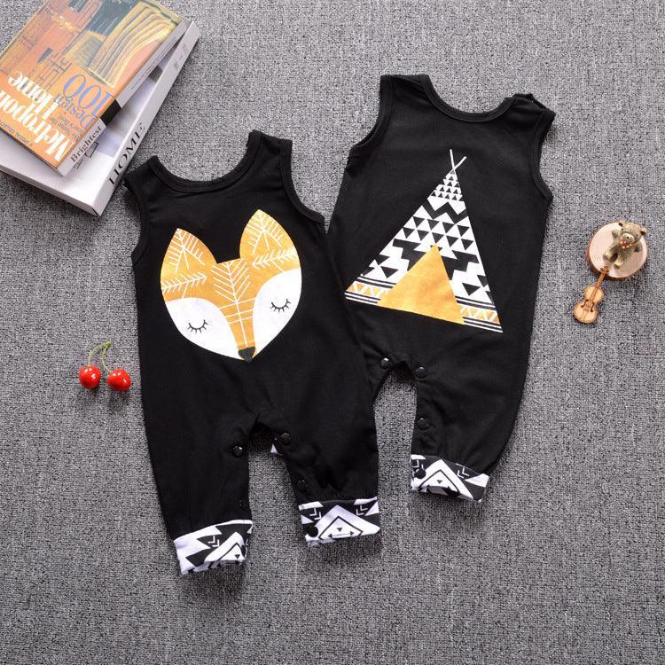 Black sleeveless baby rompers with yellow fox and teepee prints, soft cotton, loose fit