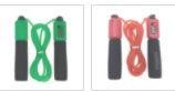 Two jump ropes, one green and one pink, with foam handles and plastic cords, sporty style