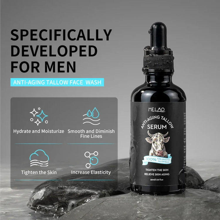 Black bottle of anti-aging tallow serum for men on wet stone, modern minimal background.