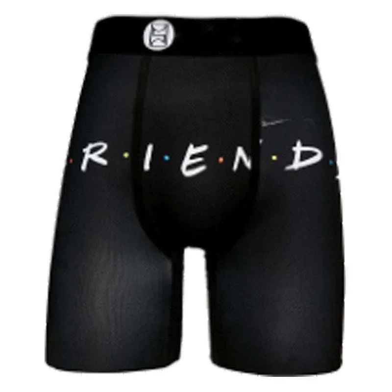 Black men's boxer briefs with colorful dot accents, snug fit, bold FRIENDS text print.
