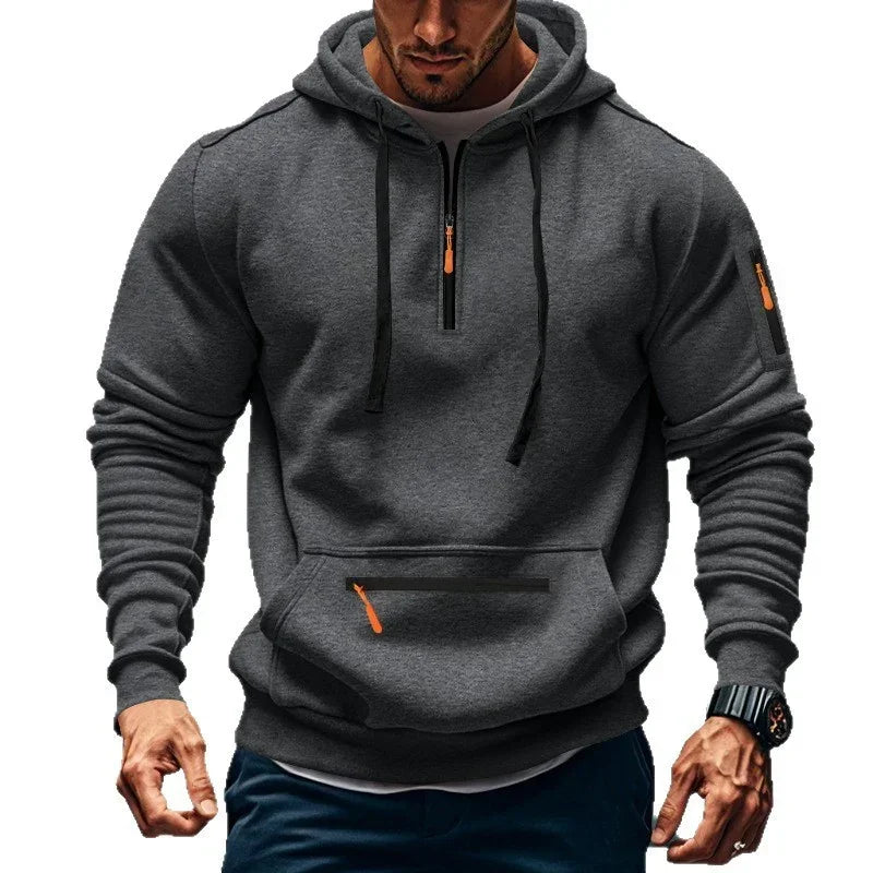 Men's dark gray pullover hoodie with zipper accents, kangaroo pocket, slim fit streetwear style