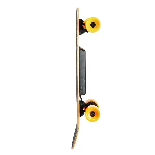 Electric skateboard with natural wood deck and yellow wheels, side profile view